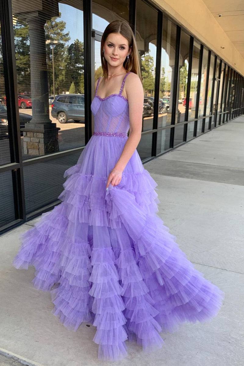 Princess A-Line Sweetheart Lilac Tulle Long Prom Dresses with Beading MD4040805 – Dressmeet