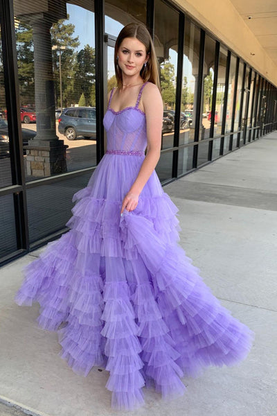 Princess A-Line Sweetheart  Lilac Tulle Long Prom Dresses with Beading MD4040805