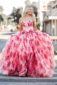 Cute A Line Strapless Pink Floral Tiered Chiffon Prom Dress with Bow DM25012906