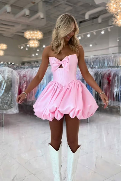 Cute A Line Strapless Pink Satin Homecoming Dress with Bow DM12061510