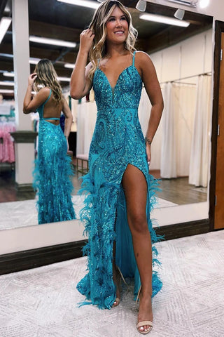 Mermaid V Neck Teal Sequins Long Prom Dresses with Feather MD4010306