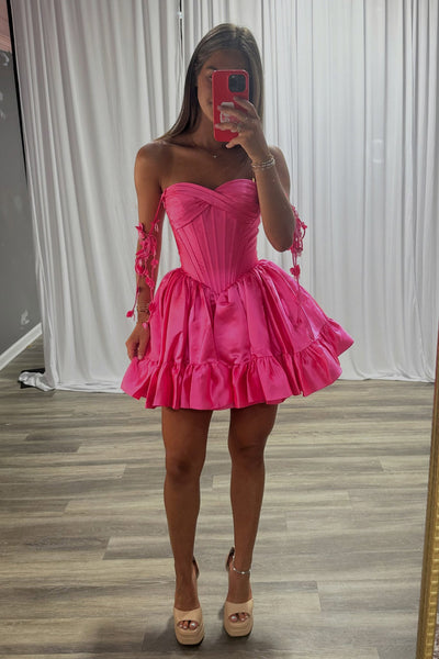 A Line V Sweetheart Hot Pink Satin Homecoming Dress DM12070508