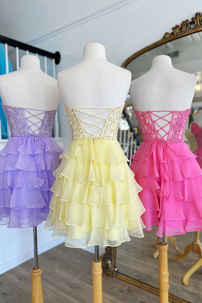 A-Line Strapless Pink Ruffle Chiffon Tiered Short Homecoming Dresses DM24071508