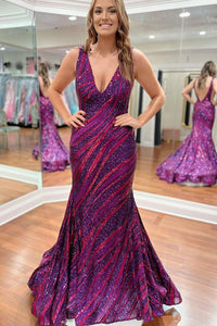 Sparkly Mermaid V Neck Purple Sequins Long Prom Dress MD4010203
