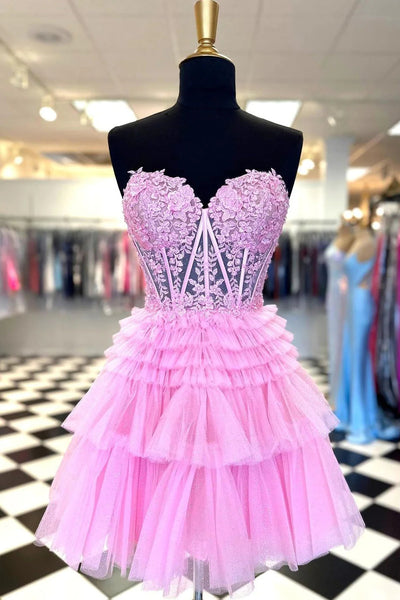 Cute A Line Sweetheart Light Pink Corset Homecoming Dress with Ruffles MD082906