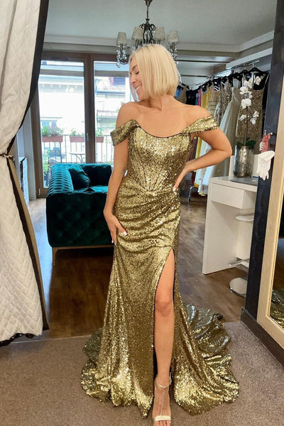 Charming Mermaid Off the Shoulder Gold Sequins Long Prom Dress with Slit DM3083109