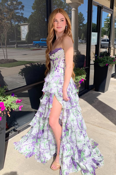 Gorgeous A Line Sweetheart Purple Floral Chiffon Tiered Prom Dress with Slit DM1112206