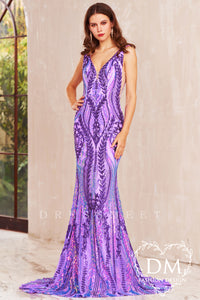 Purple Sequins Lace V Neck Mermaid Long Prom Dress MD122410