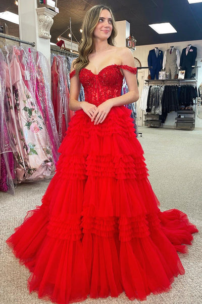 Red Tulle Off-the-Shoulder Ruffle Tiered Long Prom Dress MD112501