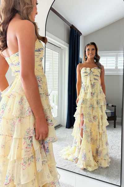 Cute A Line Sweetheart Floral Chiffon Tiered Prom Dress DM26011302
