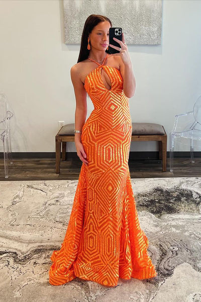 Charming Mermaid Halter Orange Sequins Long Prom Dress MD4022403