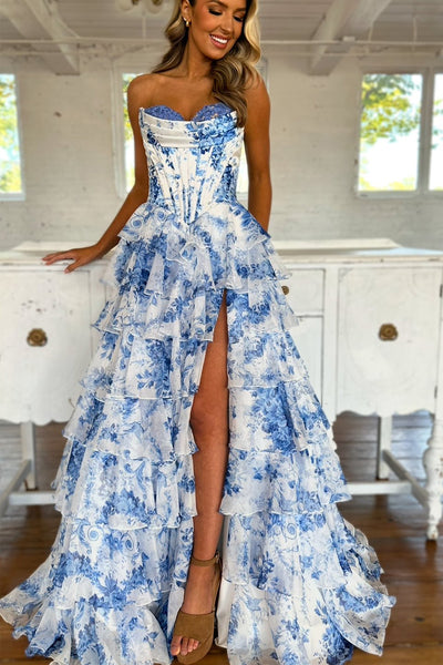 A Line Sweetheart Floral Chiffon Tiered Prom Dress with Slit DM020603