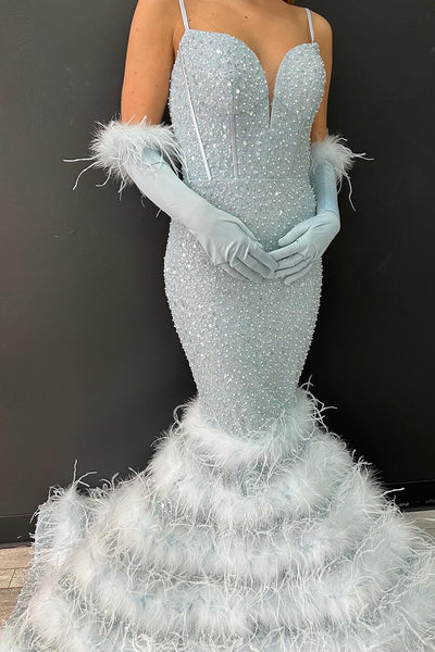 Unique Mermaid V Neck Light Blue Sequins Long Prom Dress with Feather MD4022704