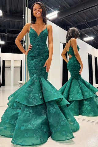 Emerald Appliques V-Neck Trumpet Long Gown MD4010901