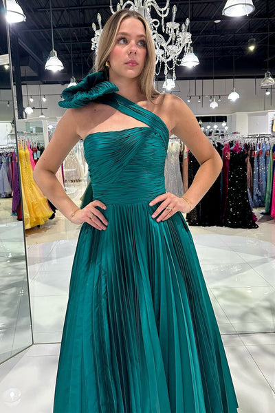 A-Line One Shoulder Green Pleated Long Prom Dress with Bow MD4053101