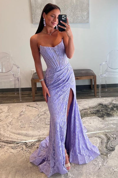 Sexy Mermaid Strapless Lilac Lace Prom Dress with Slit DM4063006