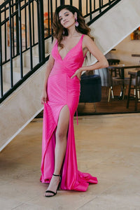 Sparkly Hot Pink Beaded Mermaid Backless Long Prom Dress with Slit MD4011301