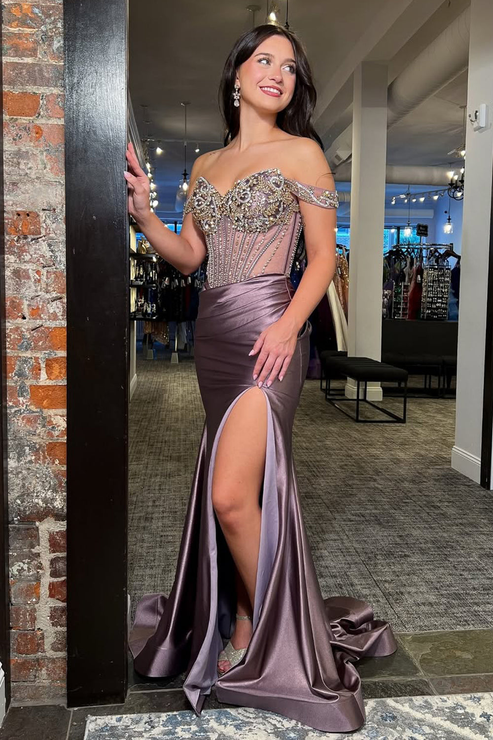 Charming Mermaid Off the Shoulder Dusty Purple Satin Prom Dress with Beading DM1112209