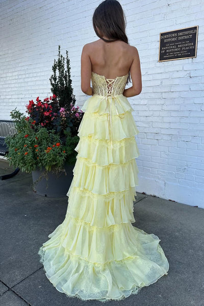 Gorgeous A Line Sweetheart Daffodil Chiffon Tiered Prom Dress with Lace DM1112206