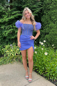 Bodycon Off the Shoulder Blue Beaded Short Homecoming Dresses with Feather MD4062401