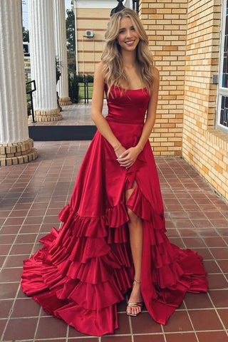 Charming A Line Scoop Neck Dark Red Satin Prom Dresses with Slit MD24091902