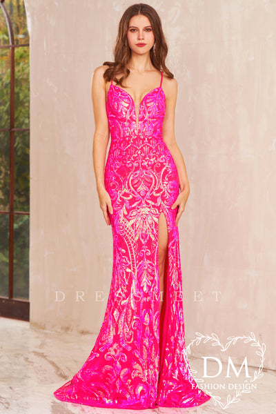 Fuchsia V Neck Sequin Lace Mermaid Long Prom Dresses with Slit MD4010707