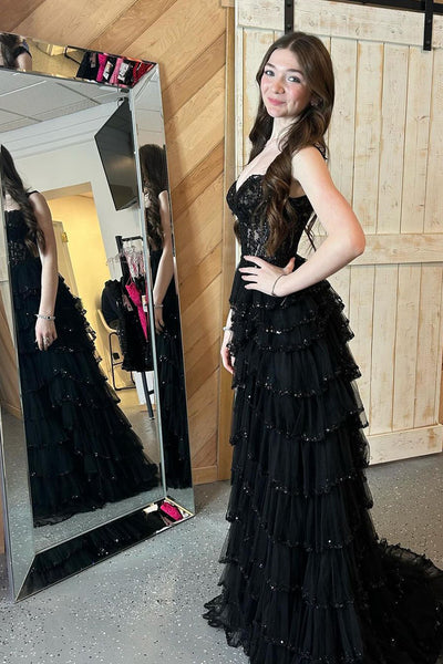 Black Sweetheart Tulle A-Line Long Prom Dress with Appliques MD4011001