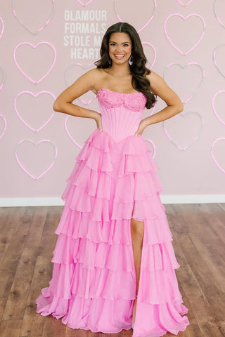 Gorgeous A Line Sweetheart Pink Tiered Chiffon Prom Dress with Slit DM1111006