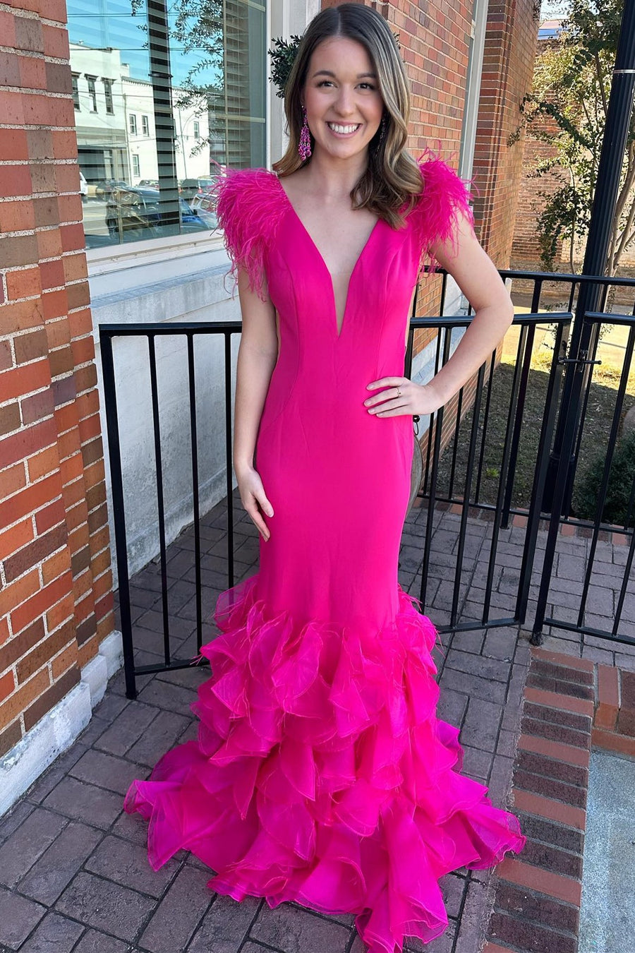 Hot Pink Plunge V Feather Ruffle Multi-Layer Long Prom Dress MD112801