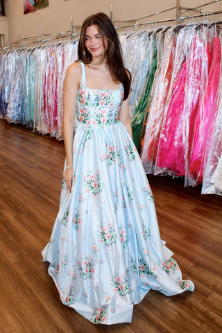Elegant  A-Line Square Neck Floral Printed Long Prom Dresses DM25102208