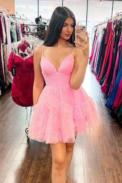 Cute A Line V Neck Pink Tulle Short Homecoming Dresses MD0802802