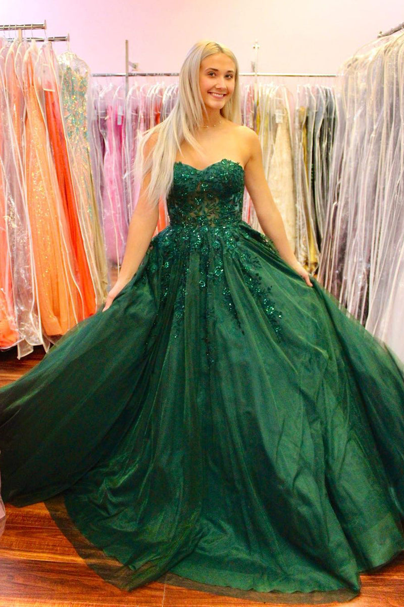 Dark Green Sweetheart Tulle LongProm Dresses with Appliques MD4010802