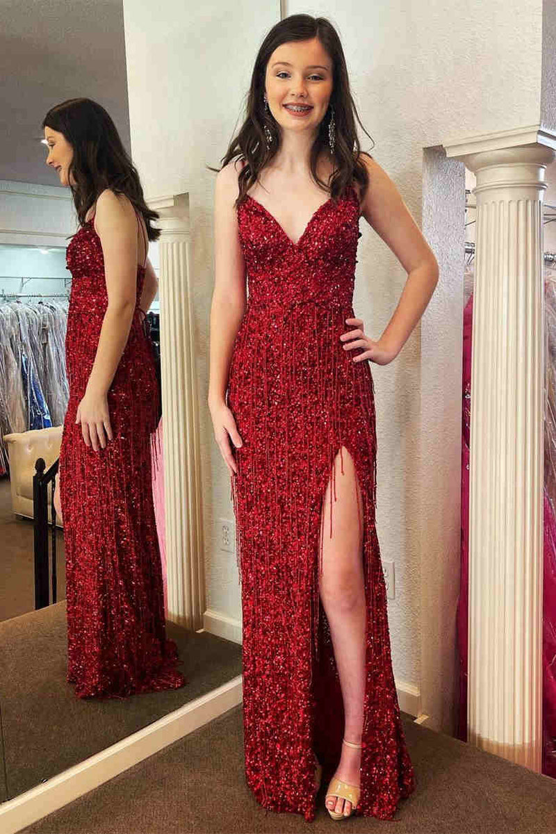 Glitter Red V-Neck Long Prom Dress with Tassel MD121808