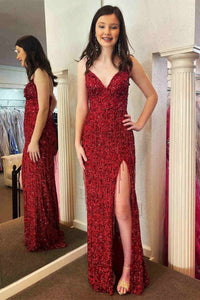 Glitter Red V-Neck Long Prom Dress with Tassel MD121808