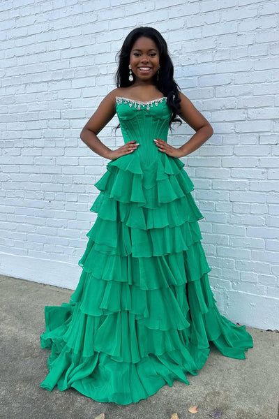 Gorgeous A Line Scoop Neck Green Chiffon Prom Dress with Beading DM52120307