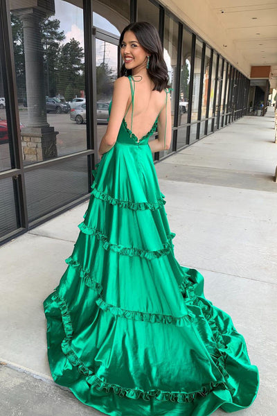 Cute  A-Line V Neck Straps Green Satin Ruffle Long Prom Dresses MD4031901