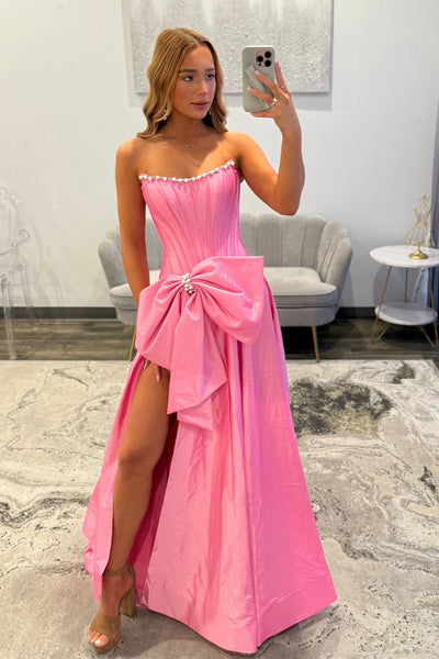 A Line Scoop Neck Pink Satin Slit Prom Dress with Bow DM26011209