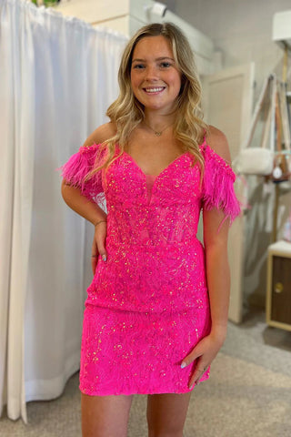 Sparkly Fuchsia Sequin Lace Tight Short Homecoming Dress with Feathers MD091809