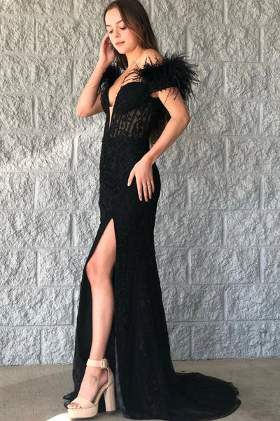 Black Mermaid Lace Long Prom Dress with Feathers MD092310