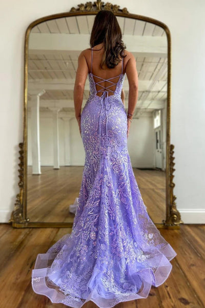 Mermaid Scoop Neck Lilac Sequin Lace Long Prom Dresses MD103105