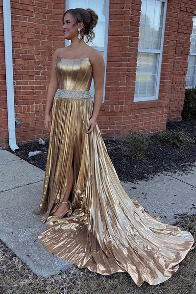 Charming A Line Strapless Gold Satin Long Prom Dresses with Beading DM24101504