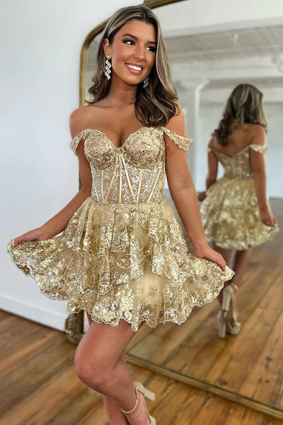 Sparkly Golden A-Line Tiered Lace Short Homecoming Dress MD091401