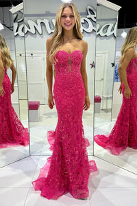 Mermaid Sweetheart Fuchsia Tulle Lace Long Prom Dress MD4020402