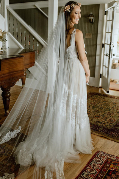 Boho V-Neck Lace Tulle Wedding Dress LD3061902