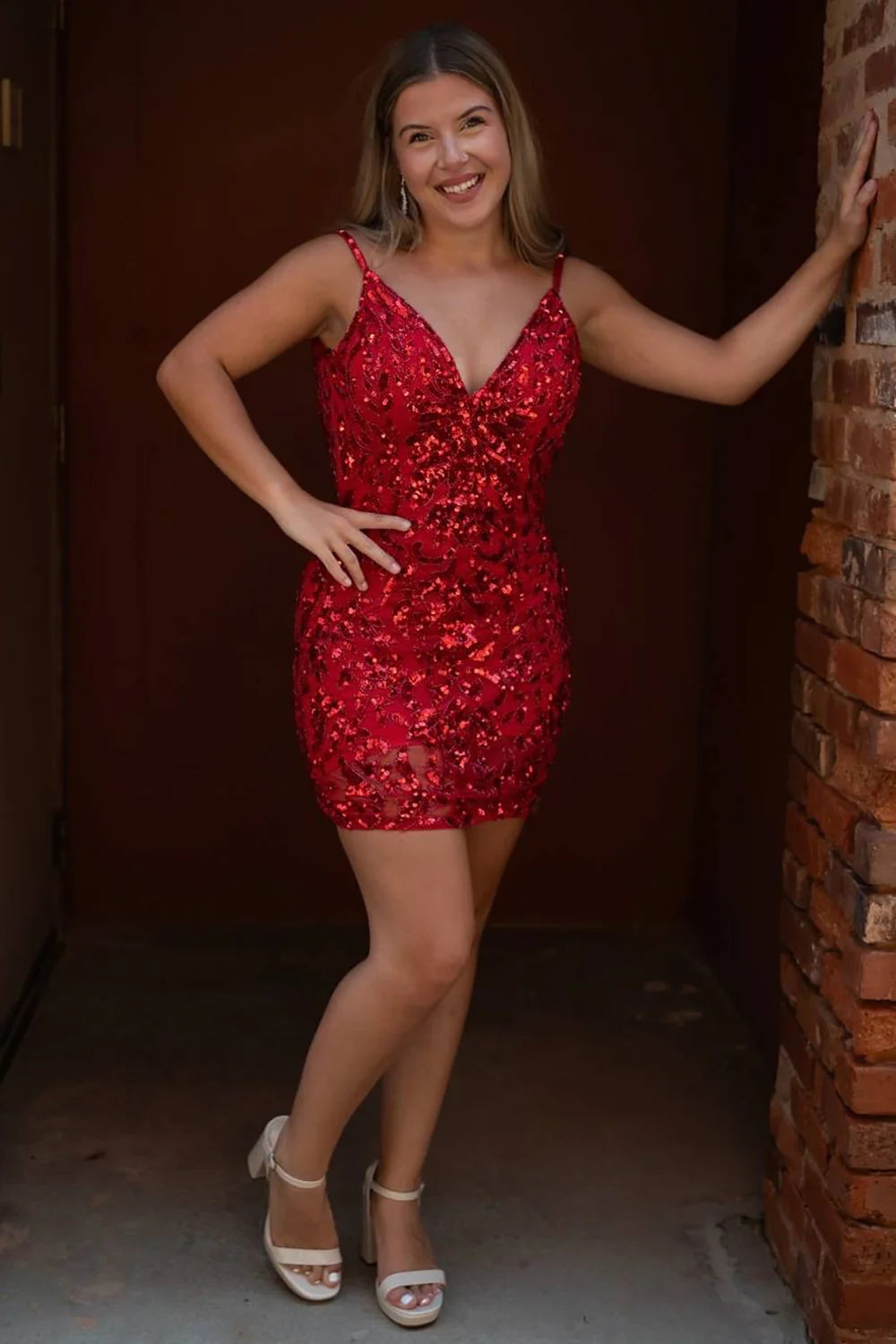 Sheath Spaghetti Straps Red Sequins Short Homecoming Dress MD091407