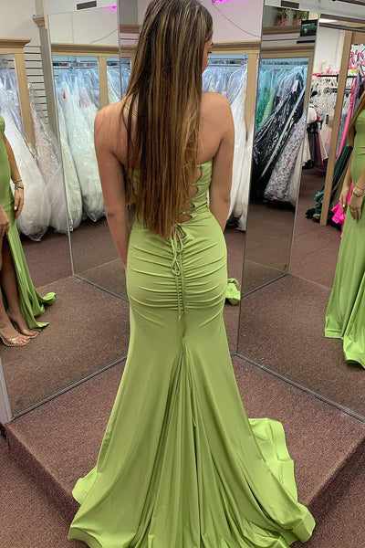 Mermaid Spaghetti Straps Sage Green Satin Long Prom Dresses MD4022205