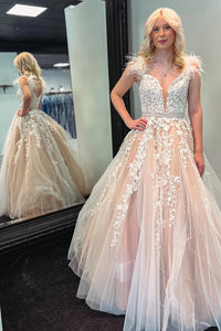 Deep V-Neck Blush Long Prom Dress with Appliques DM3082826