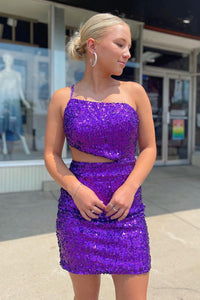 Grape Sequins One Shoulder Bodycon Homecoming Dresses LD3062906