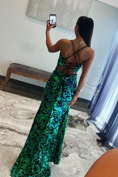Green V Neck Sequins Lace Mermaid Long Prom Dress with Slit MD4040702