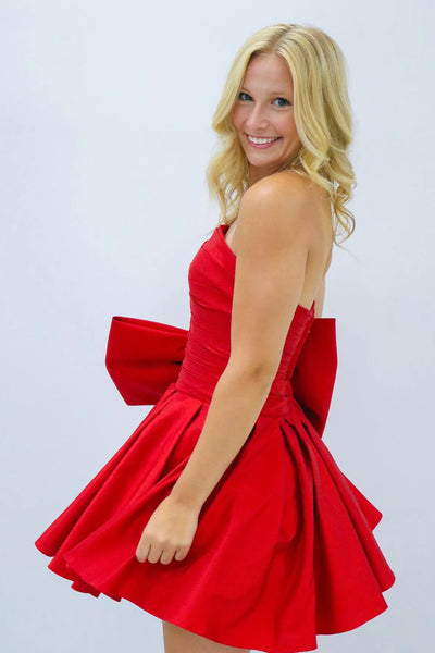 Red Strapless Satin Short A-Line Homecoming Dresses with Bownot DM24082405